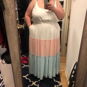 Torrid maxi dress with pockets, white, light pink and light blue.